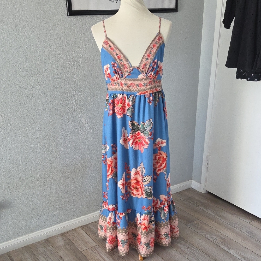 Blue Floral Spaghetti-Strap Maxi Dress